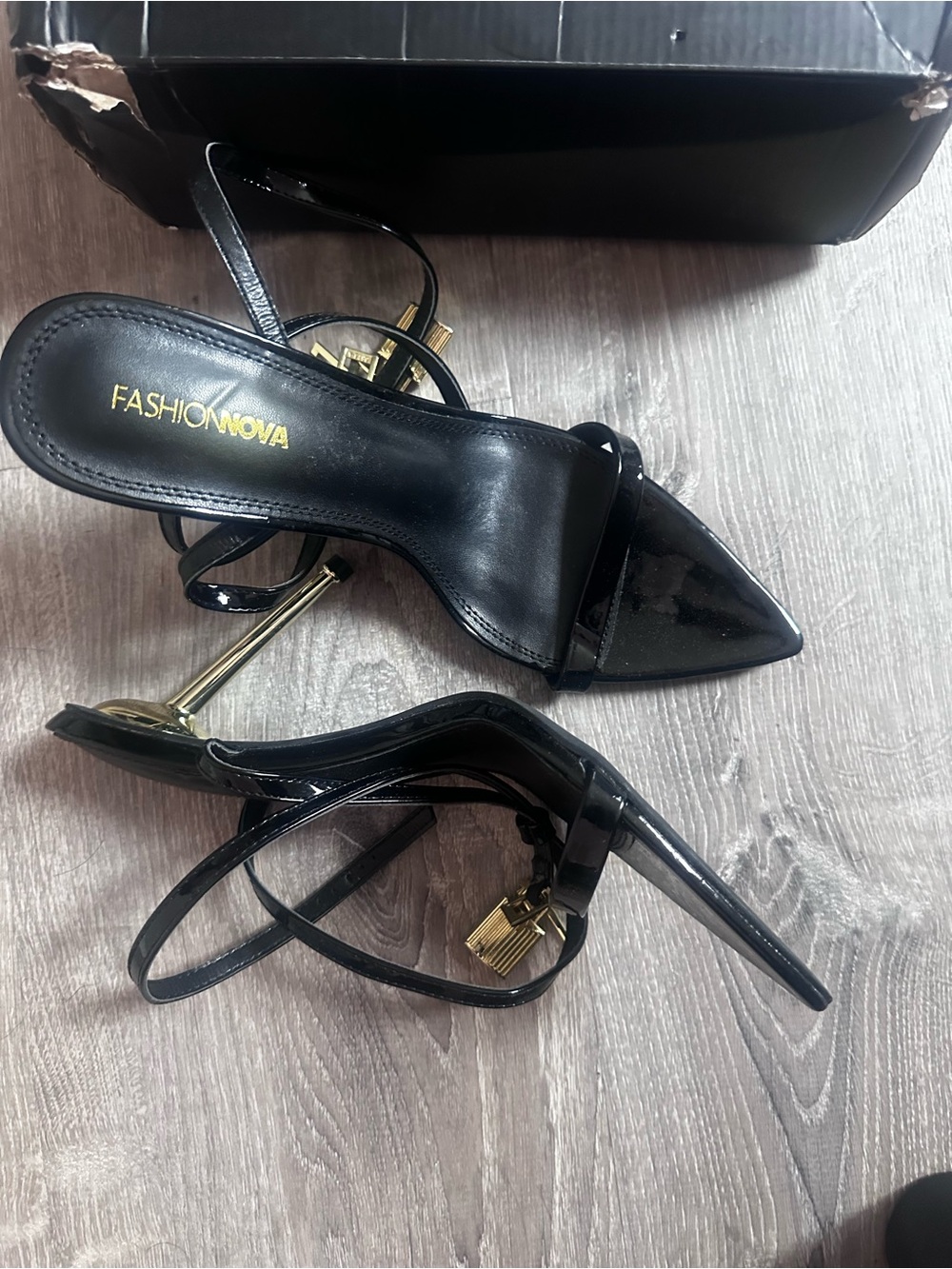 Fashion Nova Black Patent Pointed Toe Stiletto Sandals with Gold Heel & Padlock